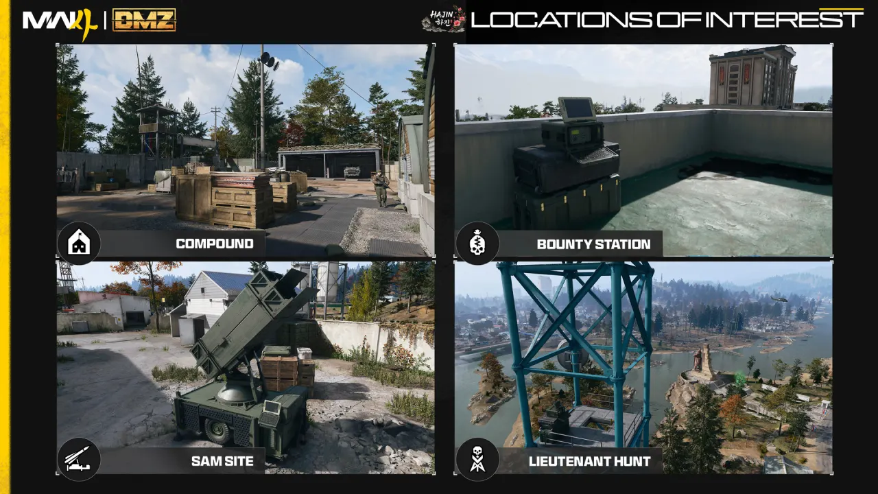 Official facility reference with a Lieutenant Hunt laptop on the blue tower platform in the lower-right panel