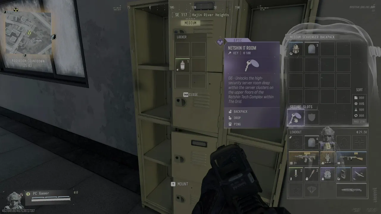 PC Gamer’s DMZ gameplay screenshot showing a Netshin IT Room key, loot interface and backpack secure slots