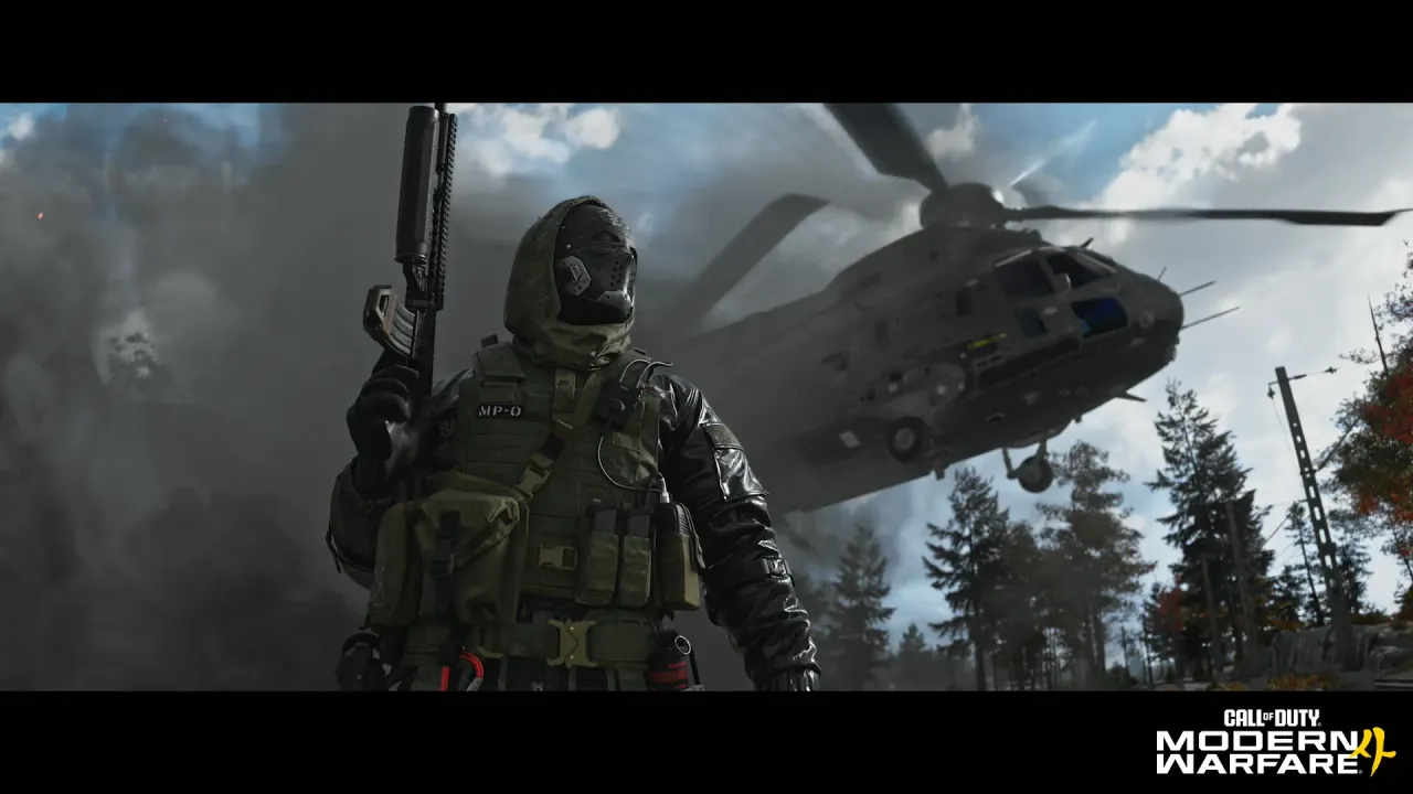 MW4 operator and helicopter in the official PC preloading announcement artwork